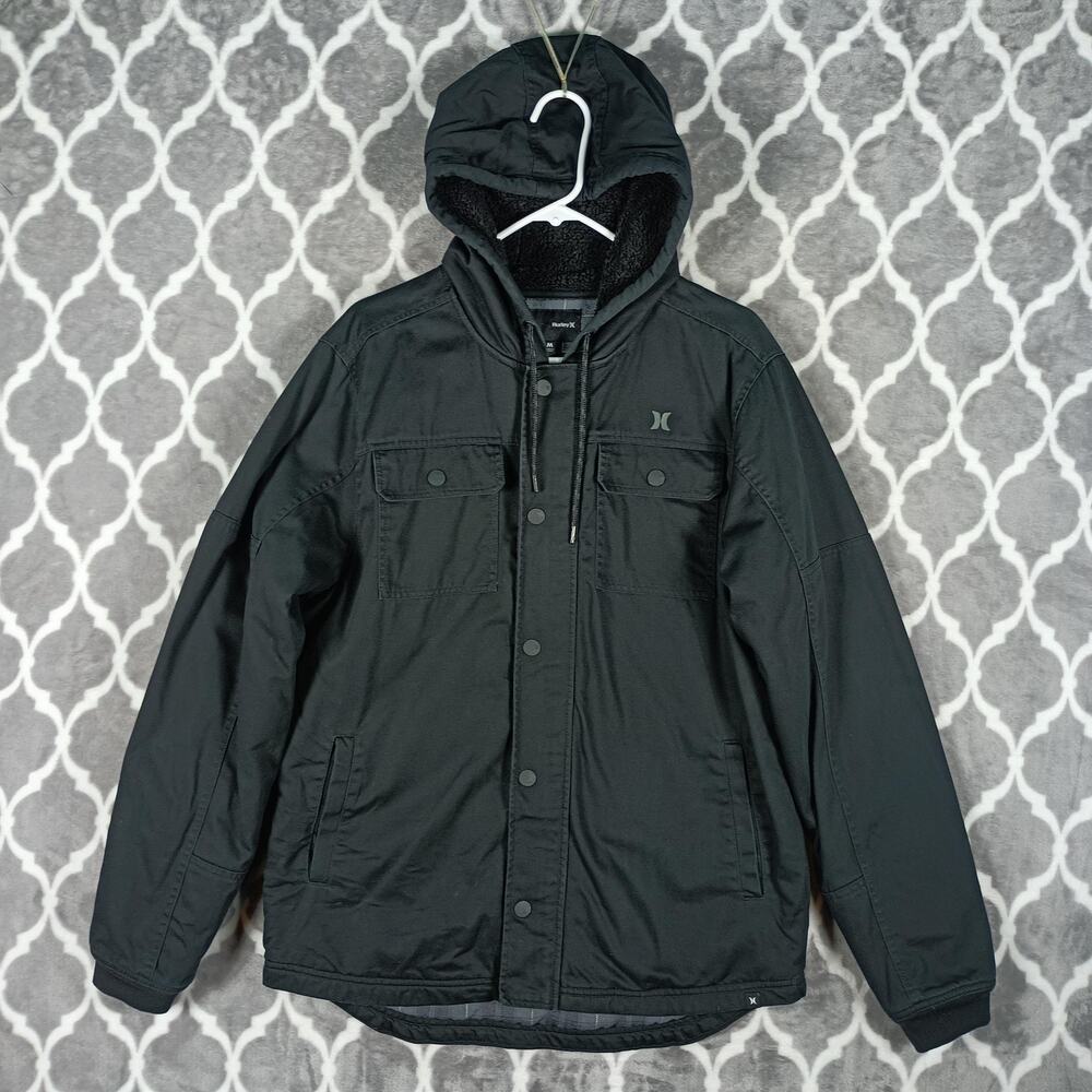 Hurley Jacket Mens Medium Black Hooded Flannel Lined Snap Front Parka Winter